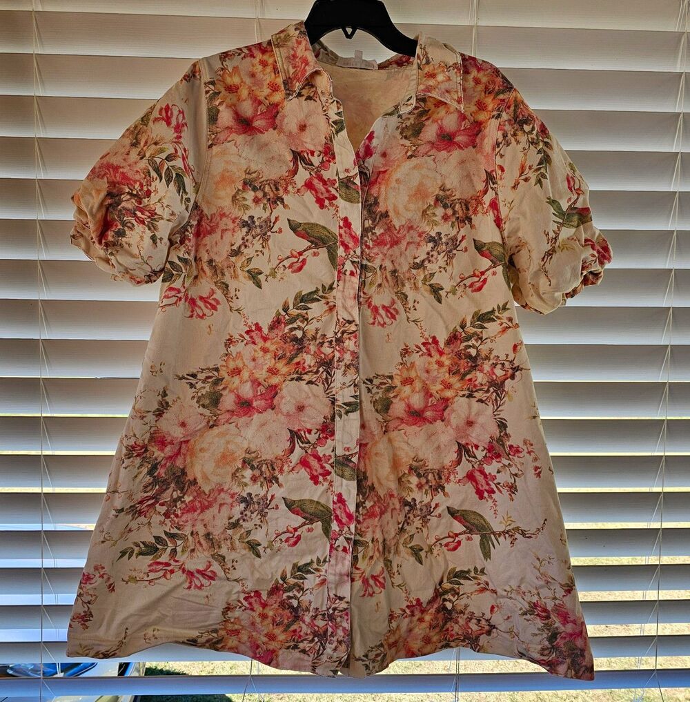 Entro Floral Collared Bubble Sleeve Dress Beige Pink Green Women's Size L